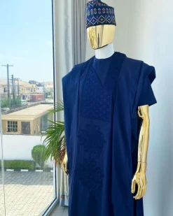 A Navy Blue Voil agbada with dotted lines embroidery design, kaftan and sokoto