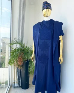 A Navy Blue Voil agbada with dotted lines embroidery design, kaftan and sokoto