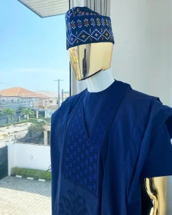 A Navy Blue Voil agbada with dotted lines embroidery design, kaftan and sokoto