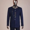 A navy blue, “wakanda” embroidery square patterned metallic jacquard safari suit