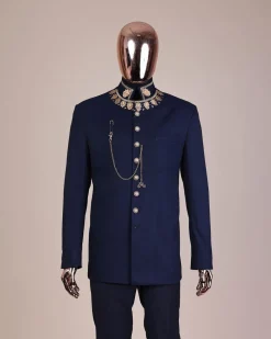 A navy blue, “wakanda” embroidery square patterned metallic jacquard safari suit