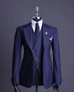 A Navy blue, windowpane check, monochrome nobility super “140s” “Board Room” Notch lapel suit