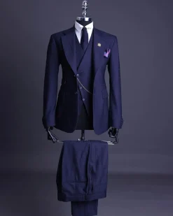 A Navy blue, windowpane check, monochrome nobility super “140s” “Board Room” Notch lapel suit