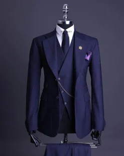 A Navy blue, windowpane check, monochrome nobility super “140s” “Board Room” Notch lapel suit