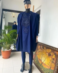 A Navy Blue With Connected Embroidery Agbada