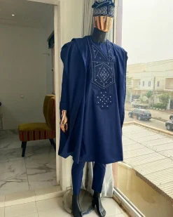 A Navy Blue With Connected Embroidery Agbada