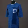 A Neon blue, graph check, front flap with Swarovski button details, and layered pocket traditional senator kaftan native