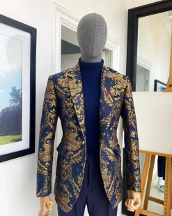 A Notch Lapel Gold And Blue “Mandarin” Jacquard Floral Blazer Suit