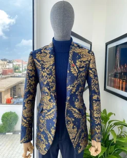 A Notch Lapel Gold And Blue “Mandarin” Jacquard Floral Blazer Suit
