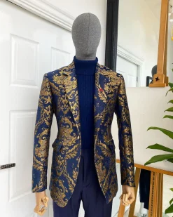 A Notch Lapel Gold And Blue “Mandarin” Jacquard Floral Blazer Suit