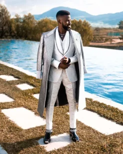 A Notch lapel, metallic silver smoking trench jacket