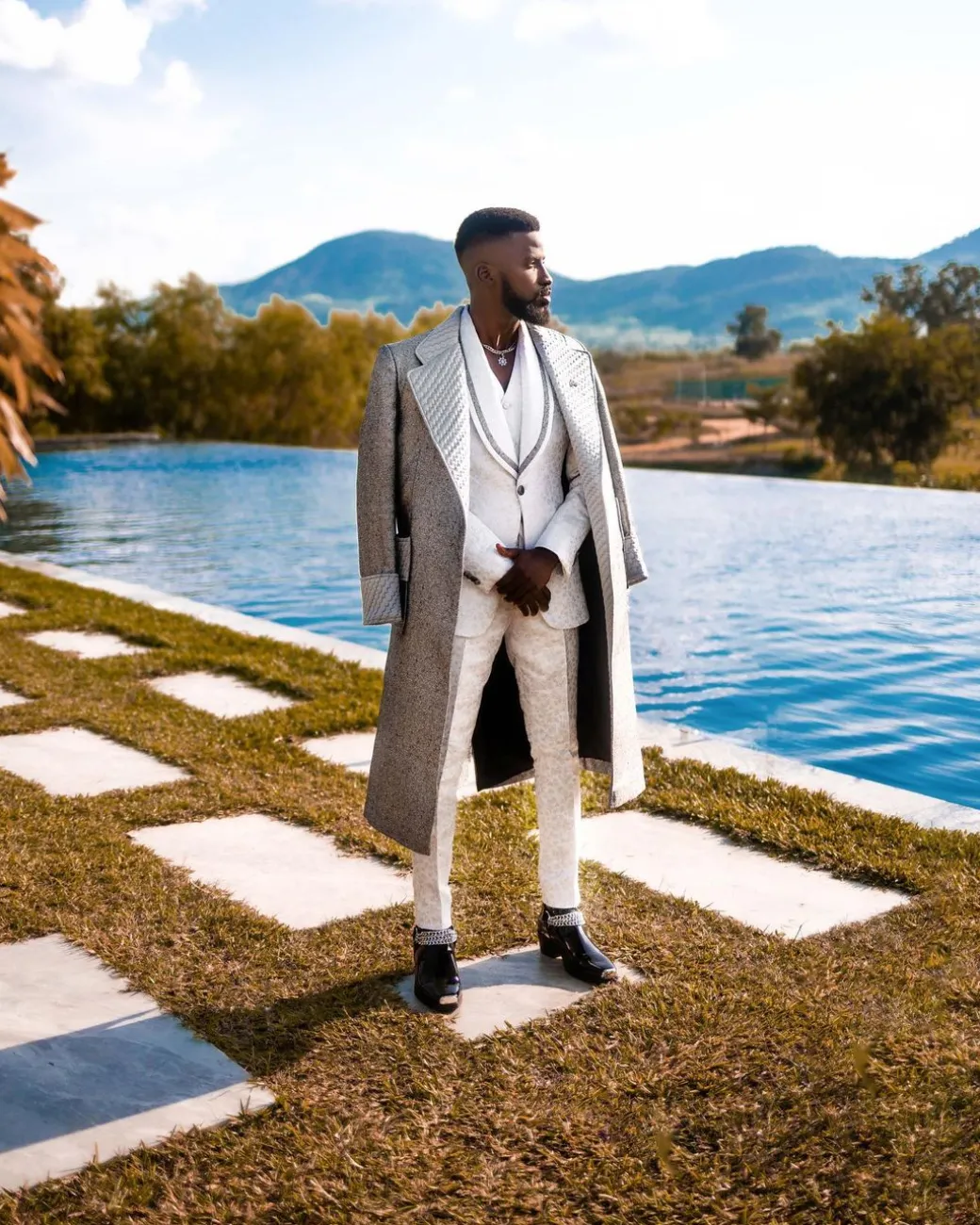 A Notch lapel, metallic silver smoking trench jacket