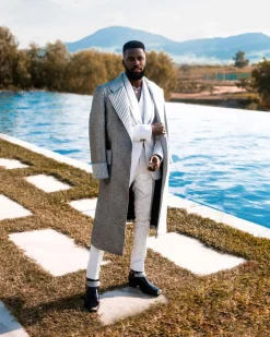 A Notch lapel, metallic silver smoking trench jacket