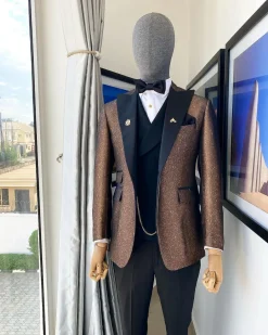 A Peak Lapel Brunette Brown “Mandarin” Metallic Jacquard Dotted Tuxedo Suit