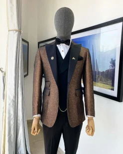 A Peak Lapel Brunette Brown “Mandarin” Metallic Jacquard Dotted Tuxedo Suit