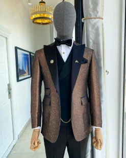 A Peak Lapel Brunette Brown “Mandarin” Metallic Jacquard Dotted Tuxedo Suit