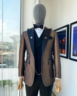 A Peak Lapel Brunette Brown “Mandarin” Metallic Jacquard Dotted Tuxedo Suit