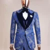 A peak lapel dispersed Sky blue and splashed champagne gold metallic jacquard tuxedo suit
