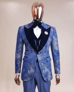 A peak lapel dispersed Sky blue and splashed champagne gold metallic jacquard tuxedo suit