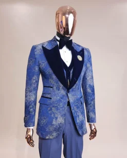 A peak lapel dispersed Sky blue and splashed champagne gold metallic jacquard tuxedo suit