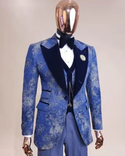 A peak lapel dispersed Sky blue and splashed champagne gold metallic jacquard tuxedo suit