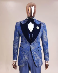 A peak lapel dispersed Sky blue and splashed champagne gold metallic jacquard tuxedo suit