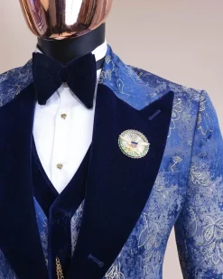 A peak lapel dispersed Sky blue and splashed champagne gold metallic jacquard tuxedo suit