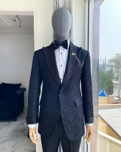 A Peak Lapel Jacquard Black Floral Tuxedo Suit