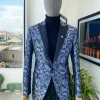 A Peak Lapel, Midnight blue and splash of silver floral metallic “Mandarin” blazer jacquard evening suit