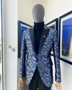 A Peak Lapel, Midnight blue and splash of silver floral metallic “Mandarin” blazer jacquard evening suit