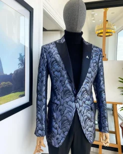 A Peak Lapel, Midnight blue and splash of silver floral metallic “Mandarin” blazer jacquard evening suit
