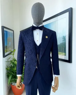 A peak lapel, ruffled floral pattern jacquard tuxedo suit
