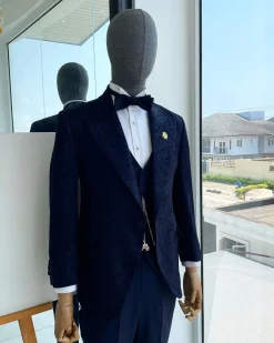A peak lapel, ruffled floral pattern jacquard tuxedo suit