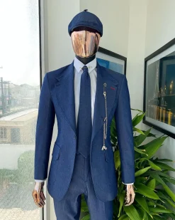 A “peaky blinders” denim knitted notch lapel suit