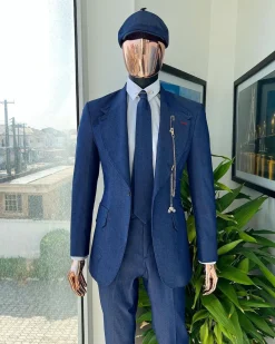 A “peaky blinders” denim knitted notch lapel suit
