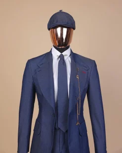 A “peaky blinders” denim knitted notch lapel suit