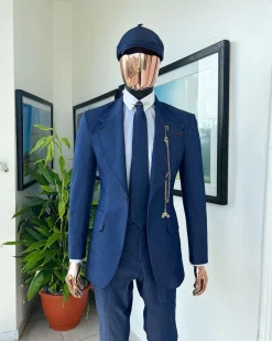 A “peaky blinders” denim knitted notch lapel suit