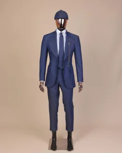 A “peaky blinders” denim knitted notch lapel suit