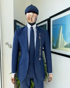 A “peaky blinders” denim knitted notch lapel suit
