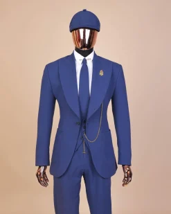 A “peaky blinders” navy blue seersucker fabric knitted peak lapel suit