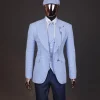 A “peaky blinders” skye blue and white check, seer sucker fabric, knitted, peak lapel suit