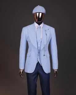 A “peaky blinders” skye blue and white check, seer sucker fabric, knitted, peak lapel suit
