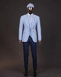 A “peaky blinders” skye blue and white check, seer sucker fabric, knitted, peak lapel suit