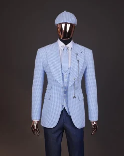 A “peaky blinders” skye blue and white check, seer sucker fabric, knitted, peak lapel suit