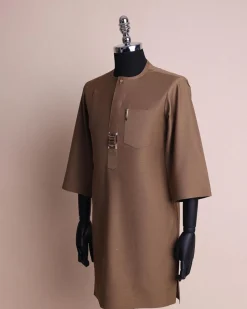 A Peanut brown, front flap,interwoven buckle, 3/4 sleeve African senator kaftan native.