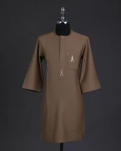 A Peanut brown, front flap, walking paul embroidery details, 3/4 sleeve African senator kaftan native.