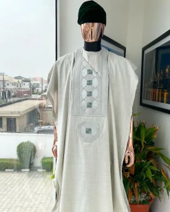 A Pearl ivory, interwoven octagon embroidery design agbada