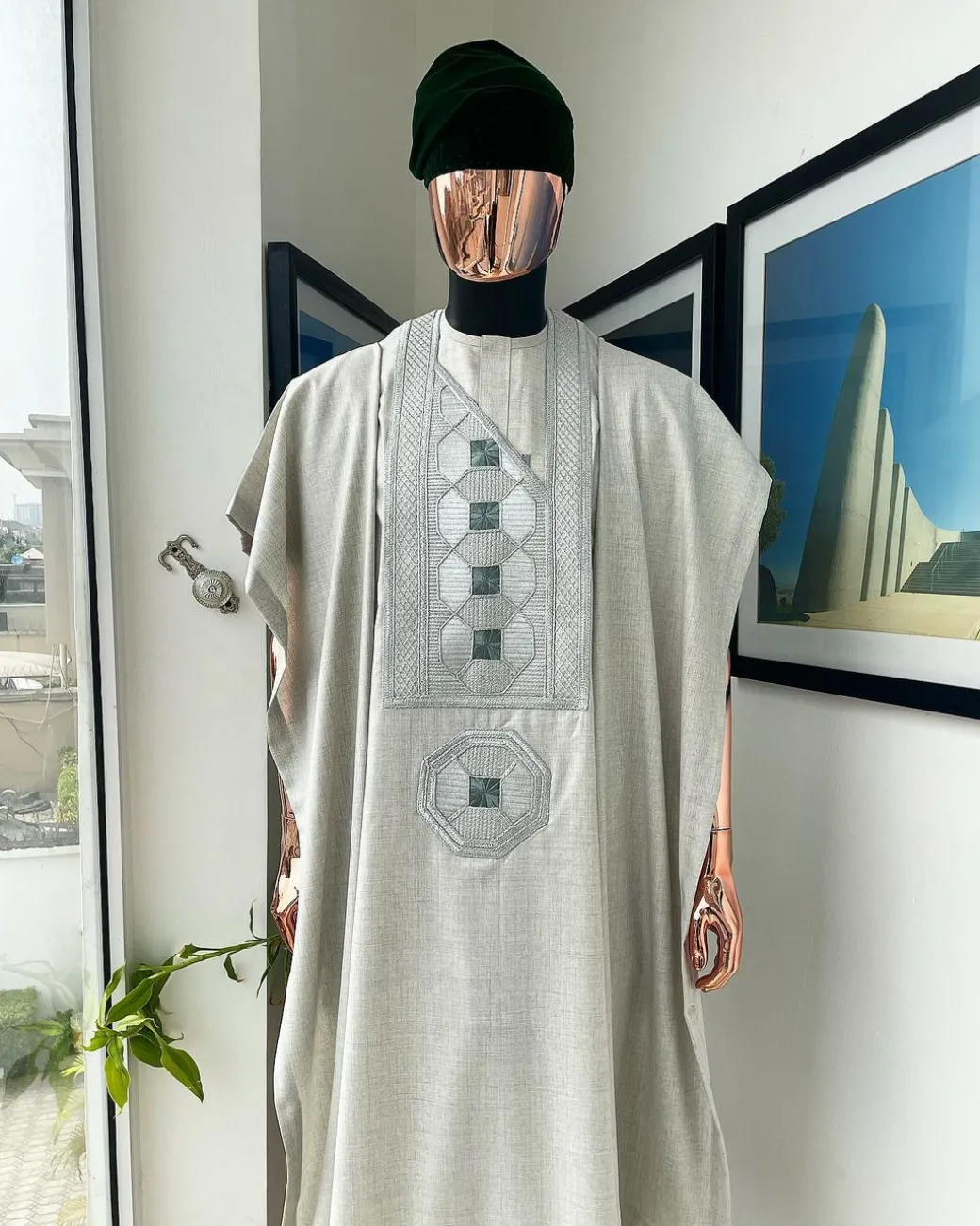 A Pearl ivory, interwoven octagon embroidery design agbada
