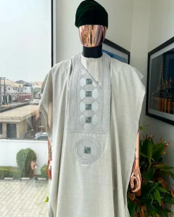A Pearl ivory, interwoven octagon embroidery design agbada