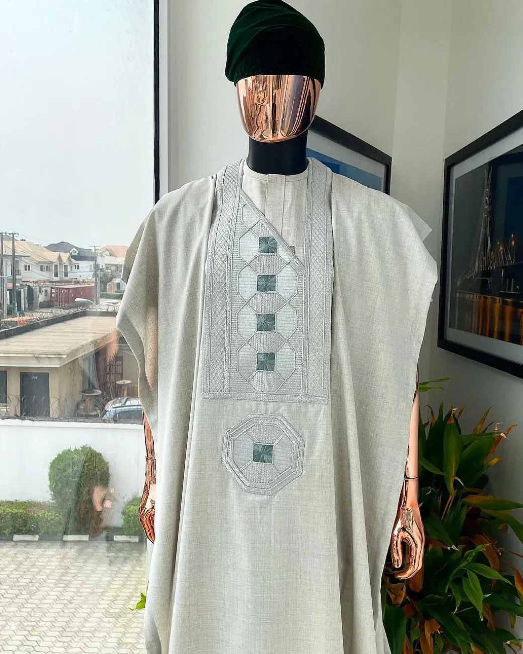 A Pearl ivory, interwoven octagon embroidery design agbada